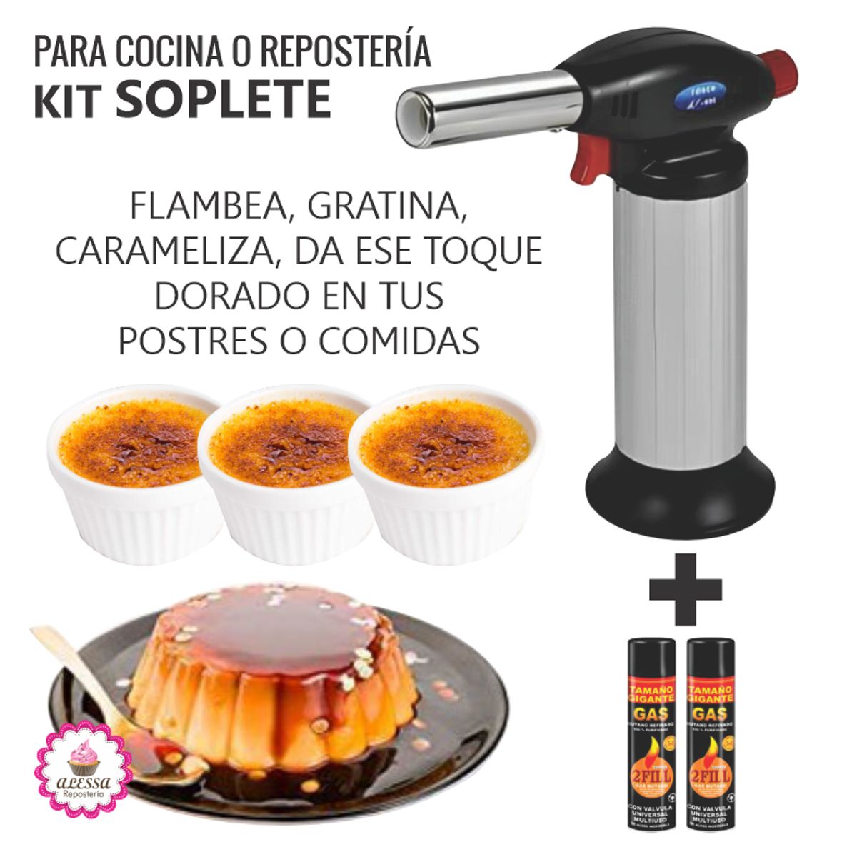 GENERICO - Kit SOPLETE Profesional para Reposteria Cocina + 2 Gases Butano