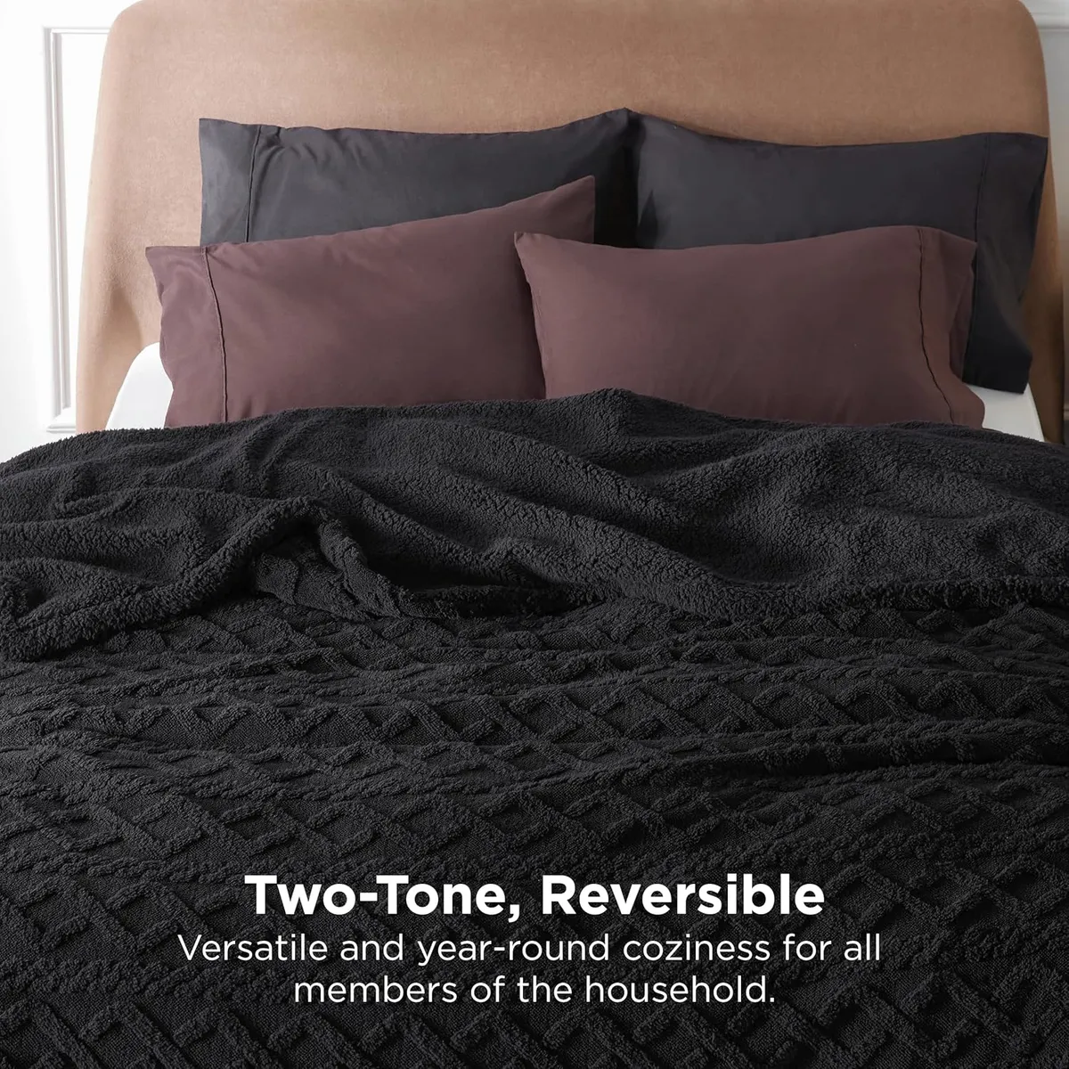 GENERICO - EDREDÓN TRENZADO DOS PLAZAS + 2 FUNDAS DE ALMOHADA NEGRO