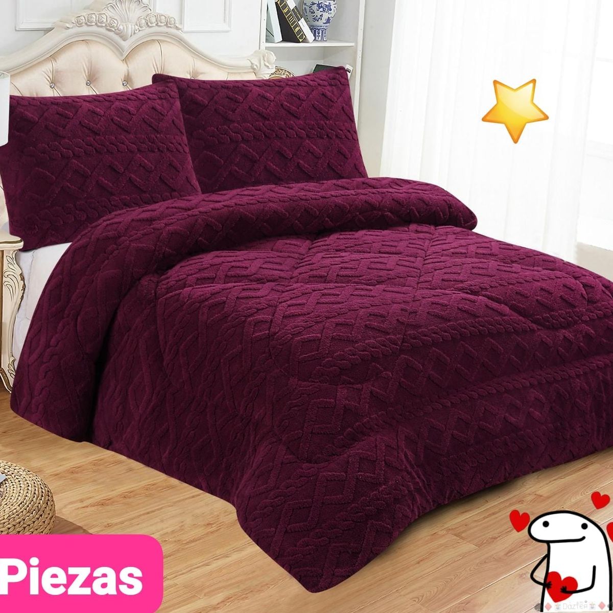 GENERICO - EDREDÓN TRENZADO DOS PLAZAS + 2 FUNDAS DE ALMOHADA PURPURA