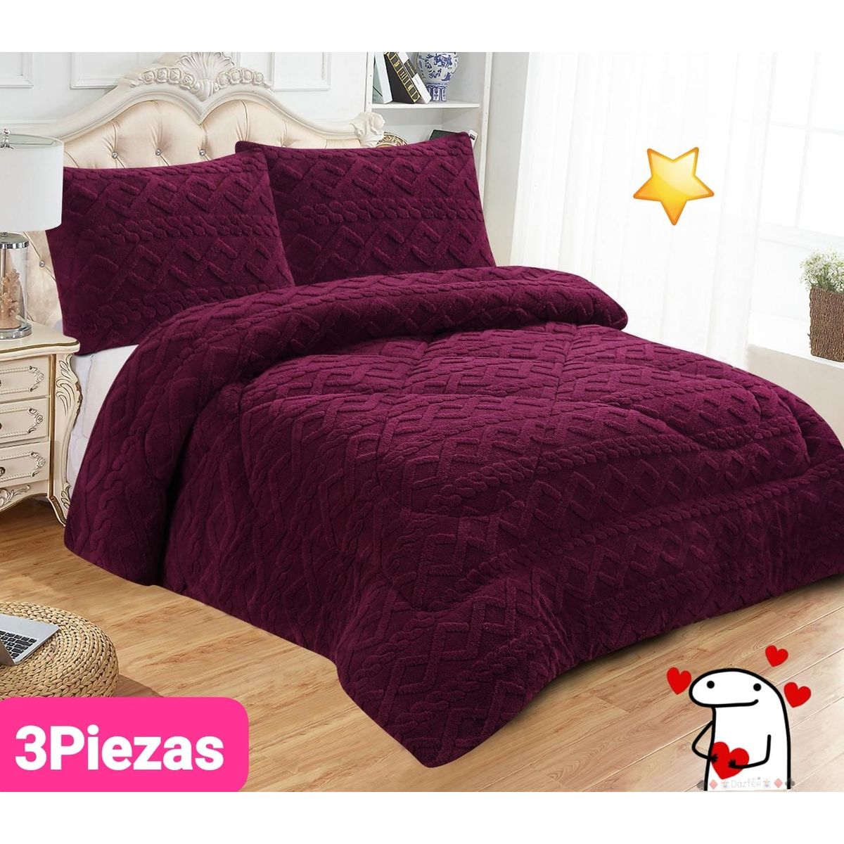 GENERICO - EDREDÓN TRENZADO DOS PLAZAS + 2 FUNDAS DE ALMOHADA PURPURA