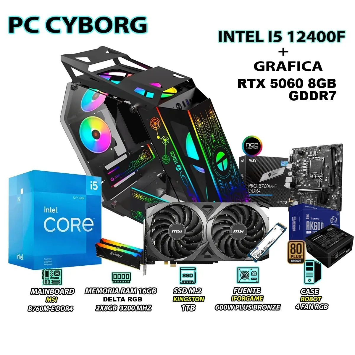 INTEL - Computadora Gamer Cyborg Core i5 12400F RAM 16GB SSD 1TB RTX 5060 8GB