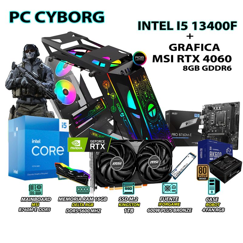 INTEL - Computadora PC Gamer Core i5 13400F RAM DDR5 16GB SSD 1TB RTX 4060 8GB