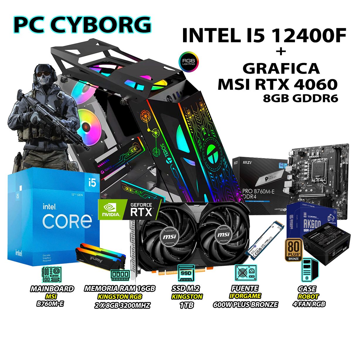 INTEL - Computadora PC Gamer Intel Core i5 12400F RAM 16GB SSD 1TB RTX 4060 8GB