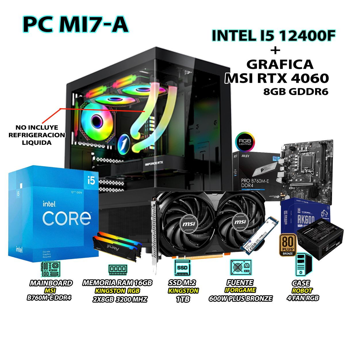 INTEL - Computadora PC Gamer Intel Core i5 12400F RAM 16GB SSD 1TB RTX 4060 8GB