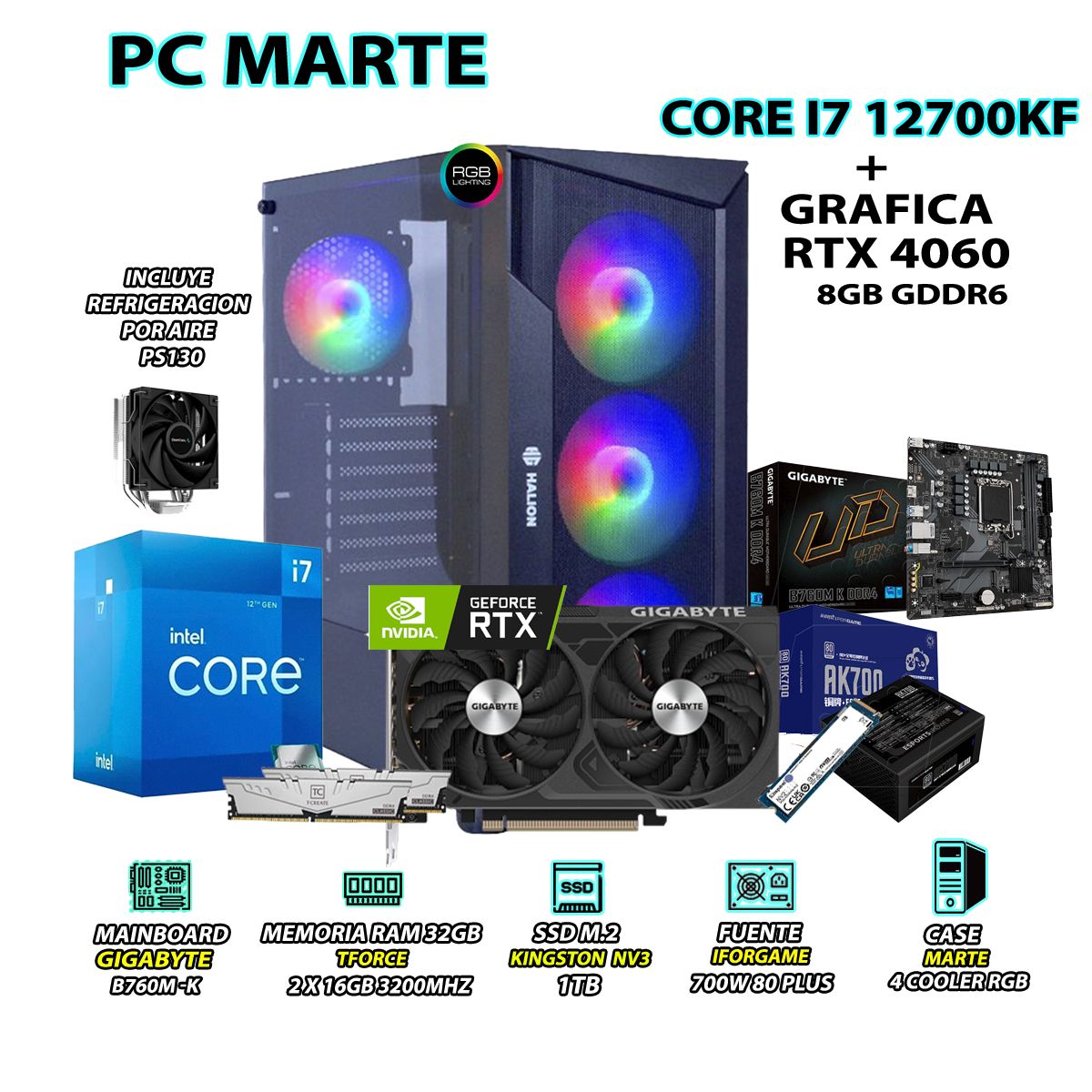 INTEL - Computadora Gamer Core i7 12700KF RAM 32GB SSD 1TB GRAFICA RTX 4060 8GB