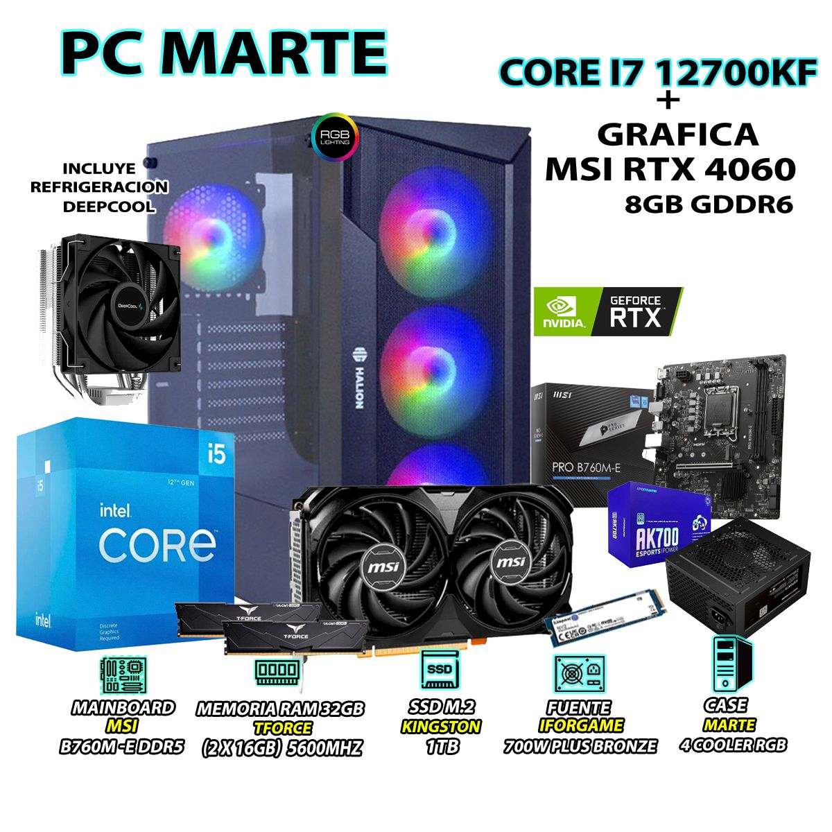 INTEL - Computadora Gamer Core i7 12700KF RAM 16GB SSD 1TB GRAFICA RTX 4060 8GB