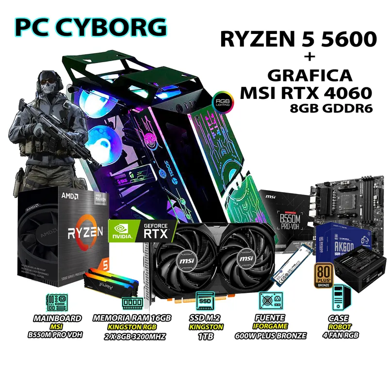 AMD - Computadora PC RYZEN 5 5600 RAM 16GB SSD 1TB GRAFICA MSI RTX 4060 8GB