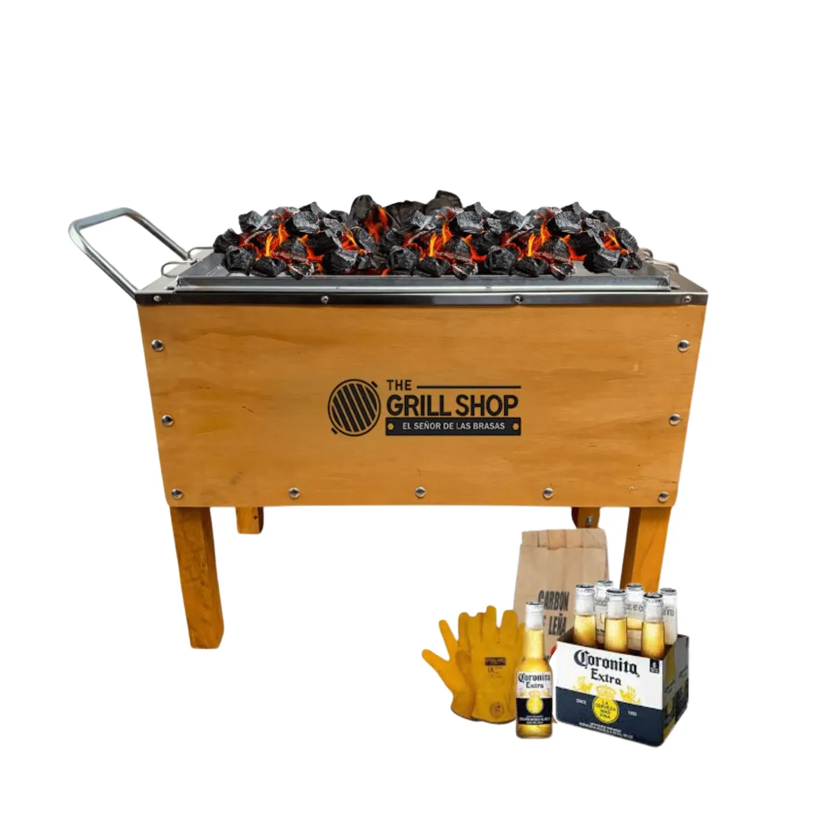 THE GRILL SHOP - Caja china mediana familiar + carbón + cerveza + guantes
