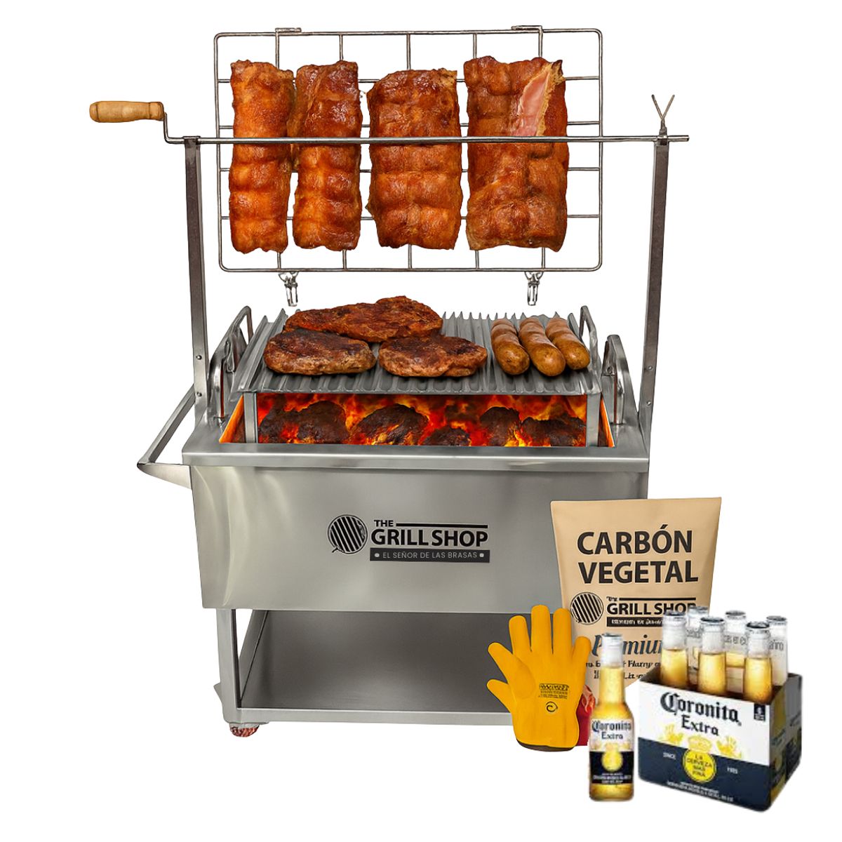 THE GRILL SHOP - Caja China Grande 3 en 1 Acero inoxidable + Guantes + Carbón +Cerveza