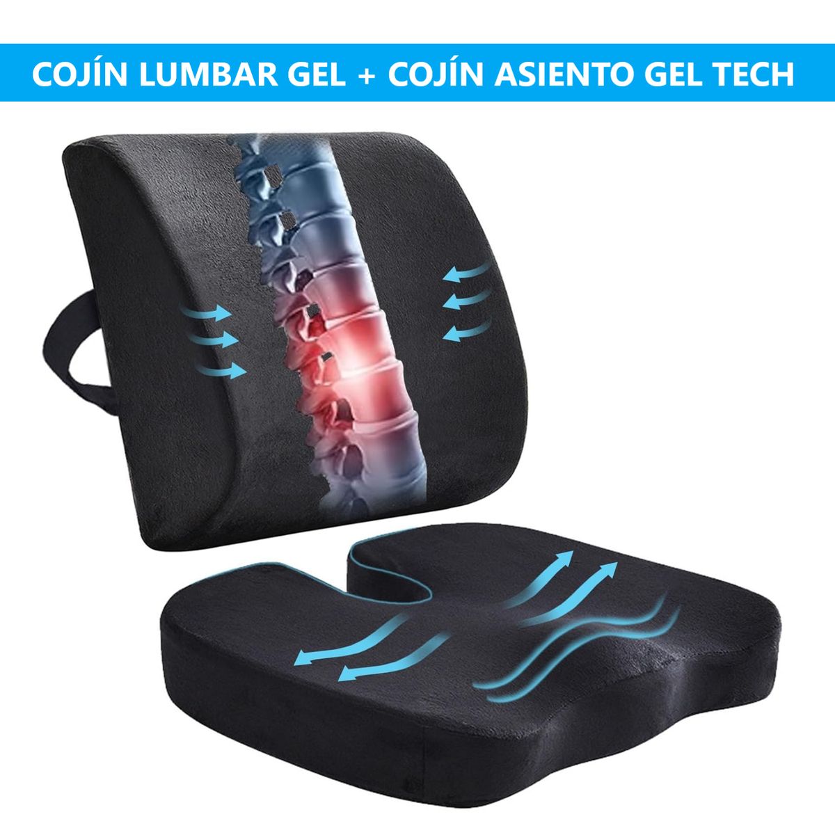 GENERICO - COJÍN LUMBAR GEL + COJÍN DE ASIENTO GEL TECH