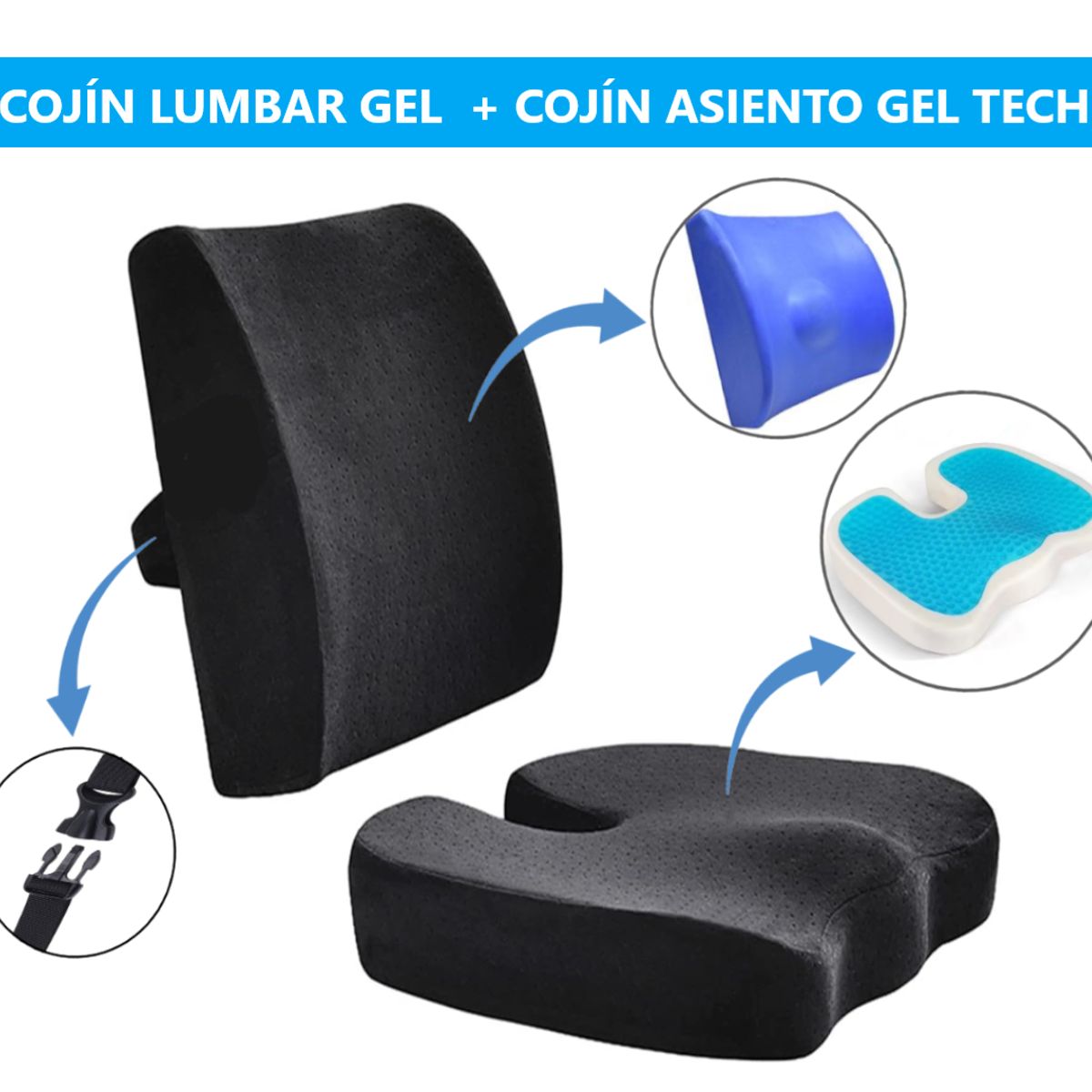 GENERICO - COJÍN LUMBAR GEL + COJÍN DE ASIENTO GEL TECH