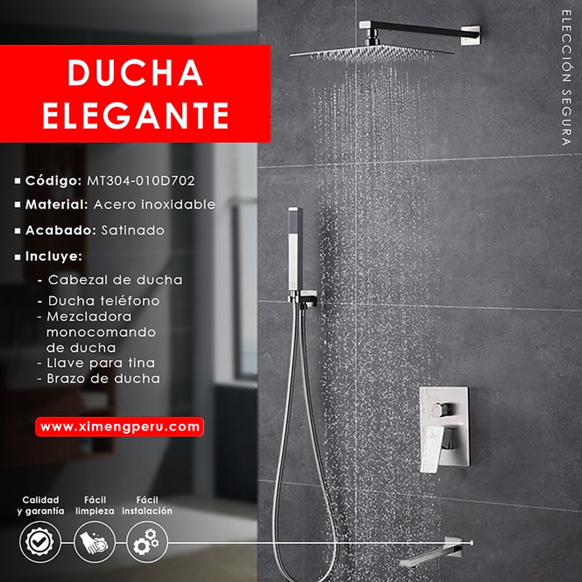 XM - MEZCLADORA DE DUCHA Y TINA SATINADO CUADRADO MT304-010D702