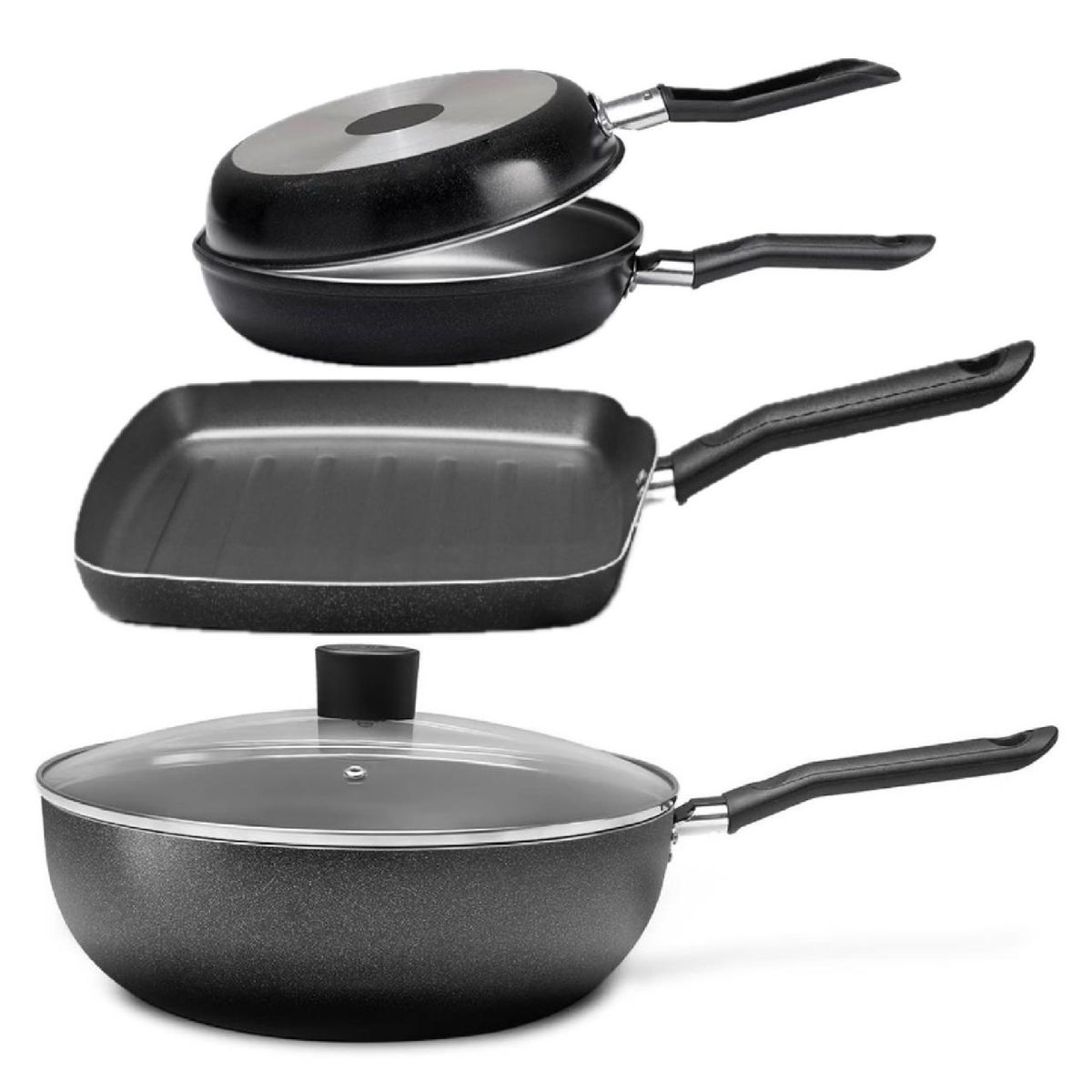 BRINOX - Juego de Doble Sarten + Grill + Wok 4 Piezas Brinox Ebony