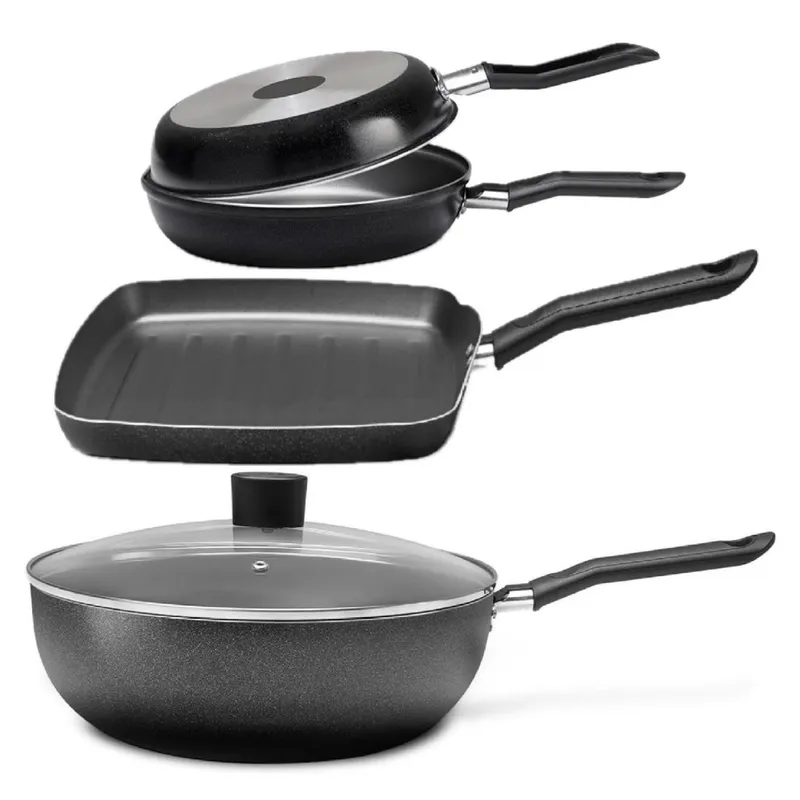 BRINOX - Juego de Doble Sarten + Grill + Wok 4 Piezas Brinox Ebony