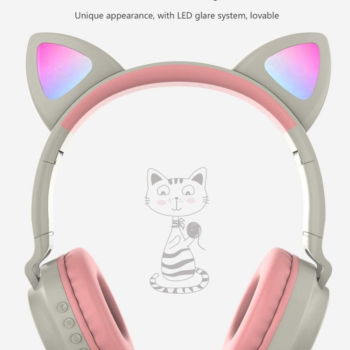 GENERICO - Audífonos Cat Orejas de Gato LED Bluetooth con Micrófono - Gris