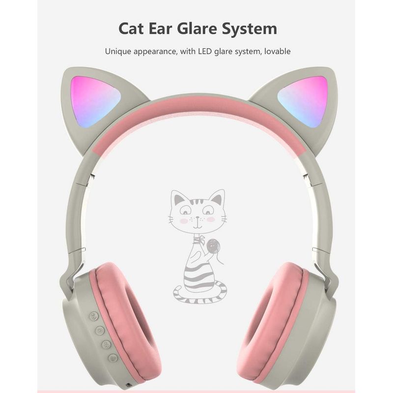 GENERICO - Audífonos Cat Orejas de Gato LED Bluetooth con Micrófono - Gris
