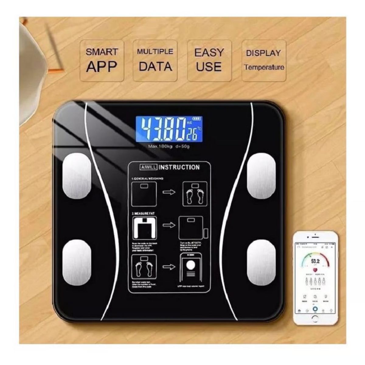 GENERICO - Báscula Digital Smart con Bluetooth y Aplicativo de 180 kg