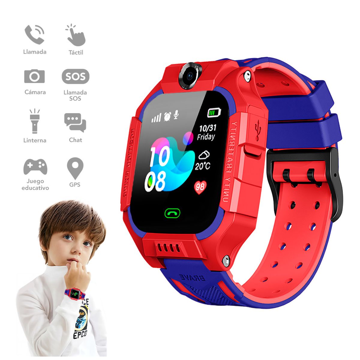 KELLER - Reloj Smartwatch para Niños con GPS Cámara y Tarjeta SIM Rojo DP5
