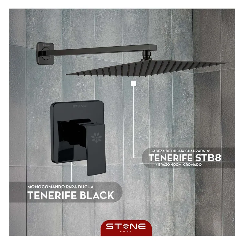 STONE - COMBO DUCHA ESPAÑOLA  8 C/BRAZO TENERIFE STB” + MEZCLADORA BLACK-STONE