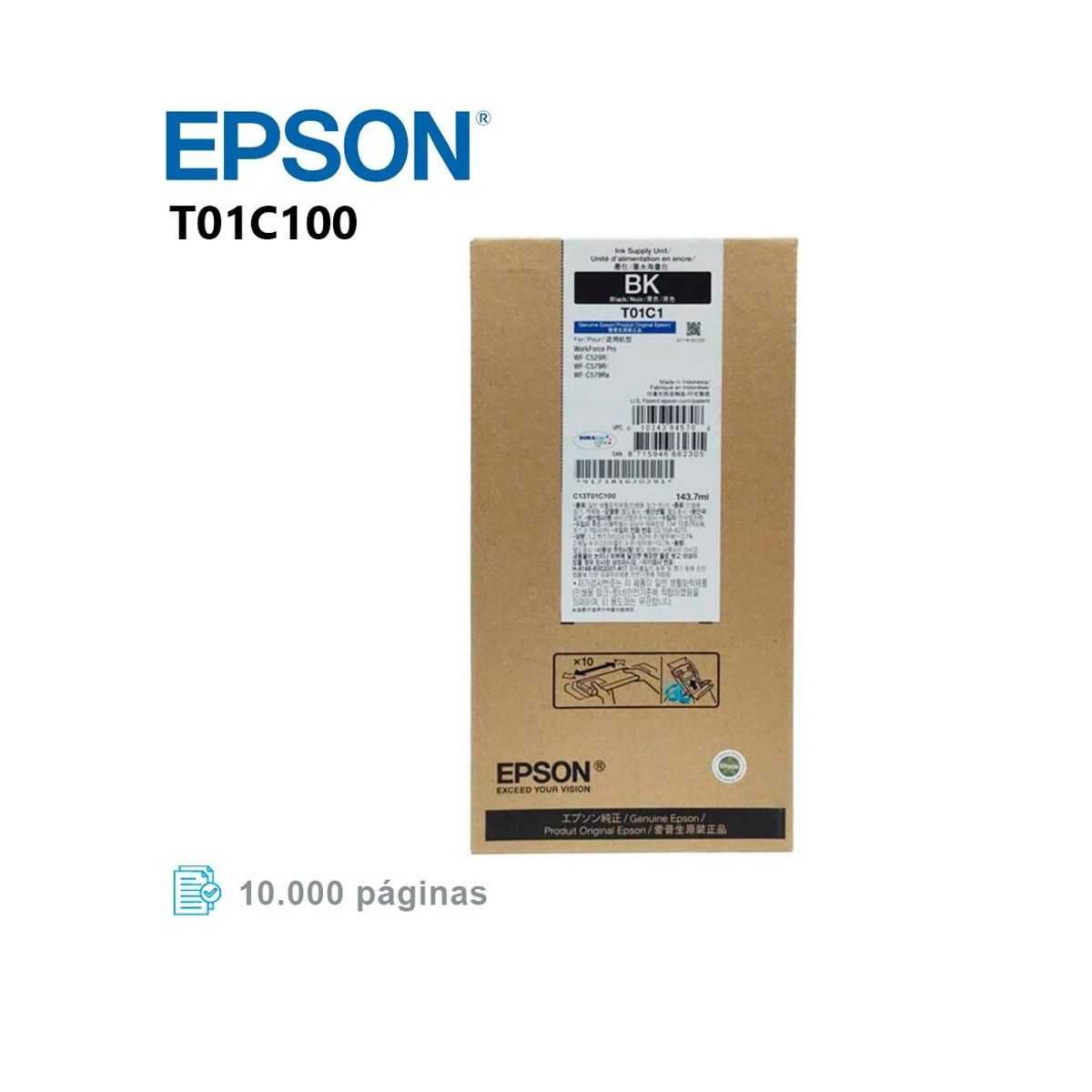 EPSON - Tinta Epson T01C100 Para WF-C579R, C529R, Rinde 143.7 ml -Negro