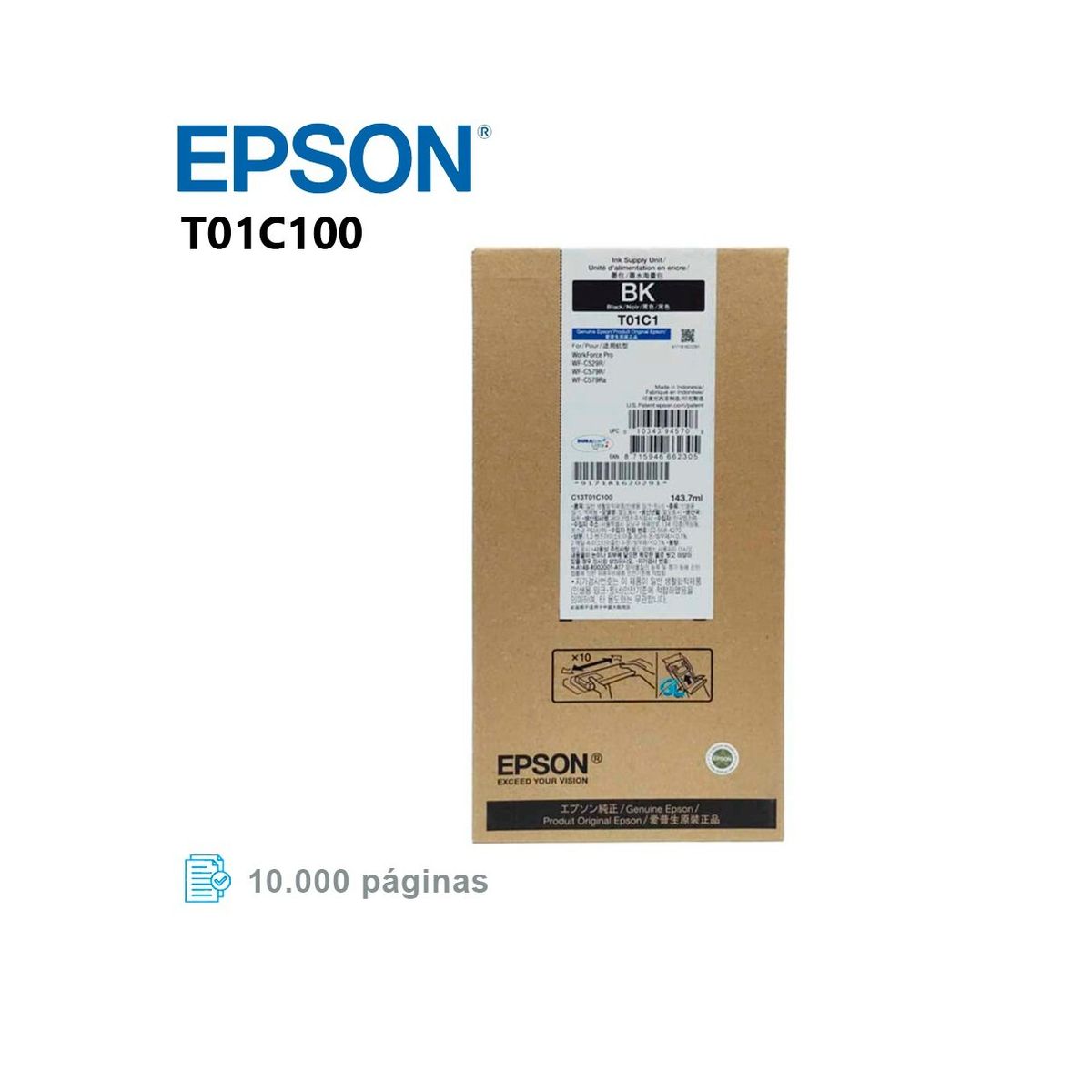 EPSON - Tinta Epson T01C100 Para WF-C579R, C529R, Rinde 143.7 ml -Negro