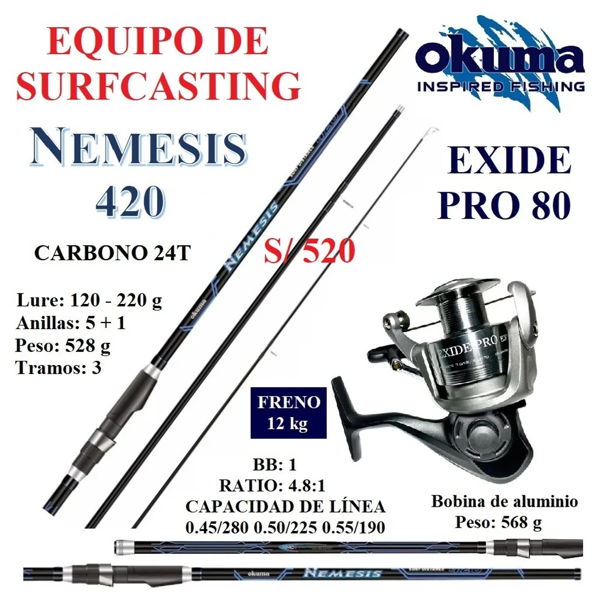 OKUMA - Combo De Pesca Surfcasting 4.20m. Okuma Carrete 8000 Pescar