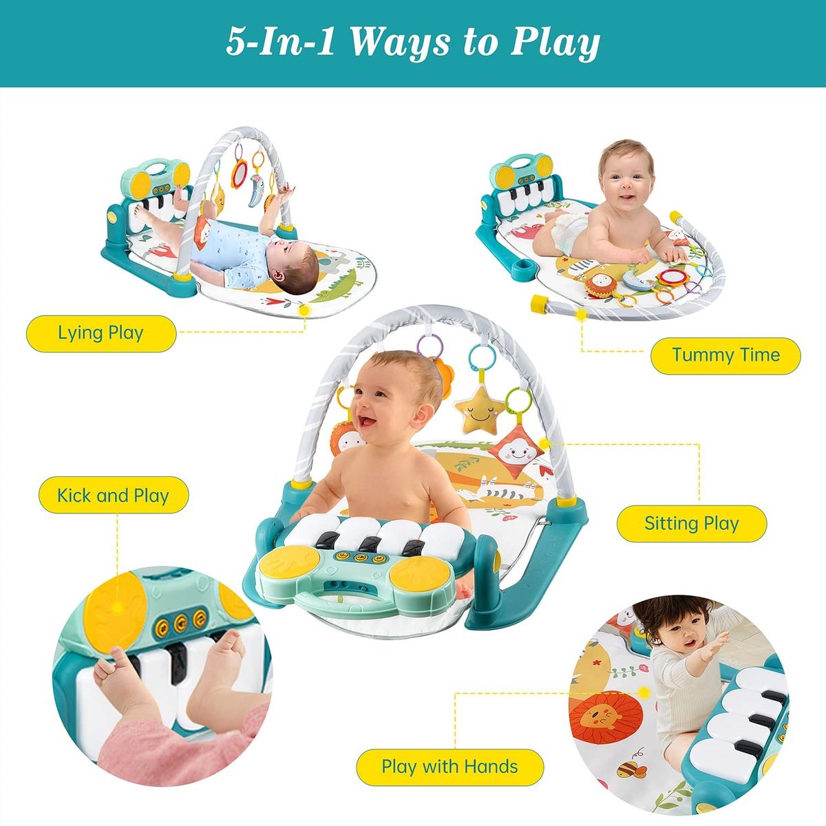 HUANGER - GIMNASIO DE BEBE CON PIANO PARA PATEAR 3 EN 1 CON BLUETOOTH