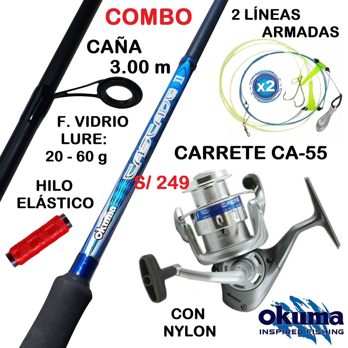 OKUMA - Equipo De Pescar Caña De 3.0 M Con Carrete Okuma 55 Combo