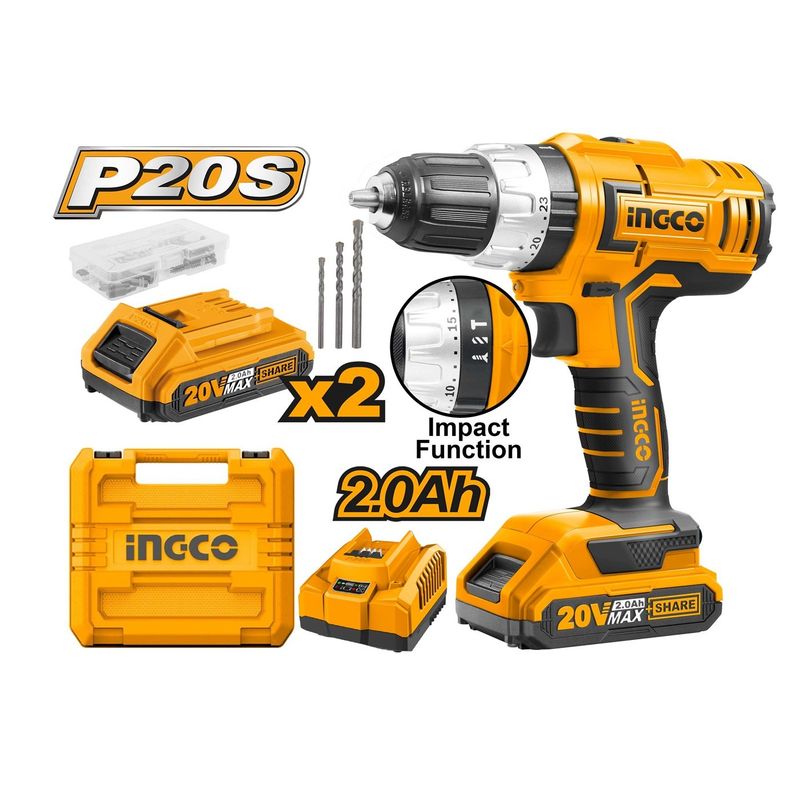 INGCO TOOLS - Taladro Percutor Inalámbrico 13mm 20V CIDLI20031 + Accesorios INGCO