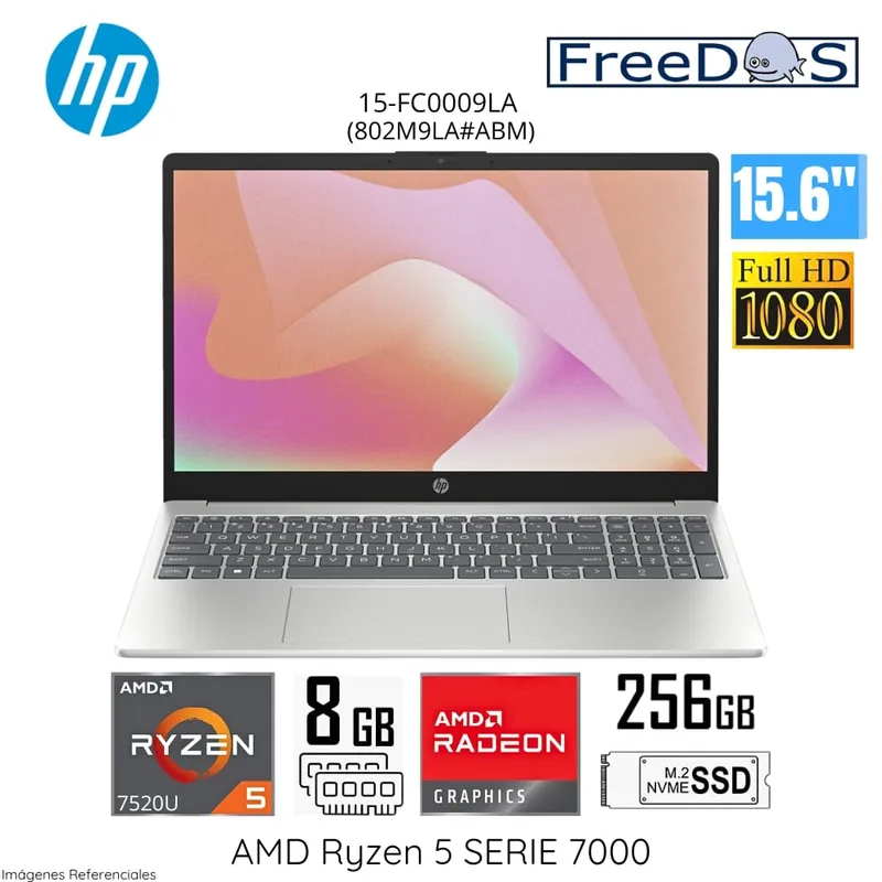 HP - Laptotp HP 15-FC0009LA AMD Ryzen 5 7520 8GB RAM LPDDR5 256GB SSD 15.6" FHD Free Dos (802M9LA#ABM)