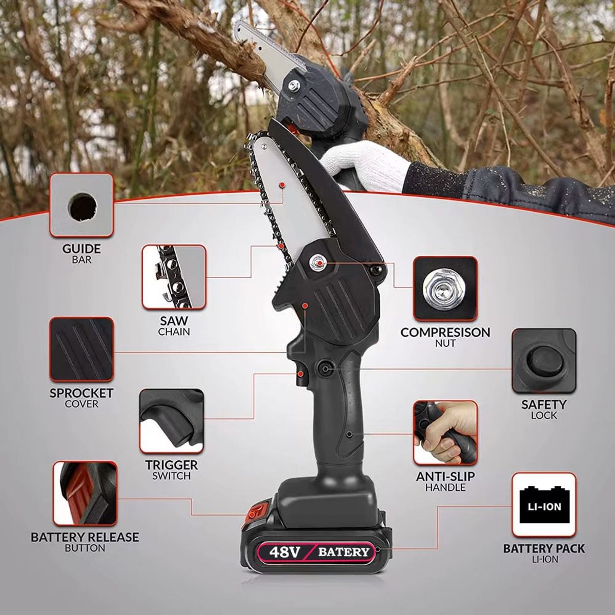 GENERICO - Moto Sierra Electrica Inalambrica 2 Baterias de Litio 48v + 2 Cadenas