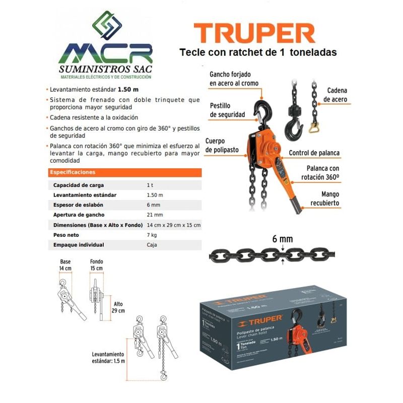 TRUPER - Tecle con ratchet de 1 tonelada truper