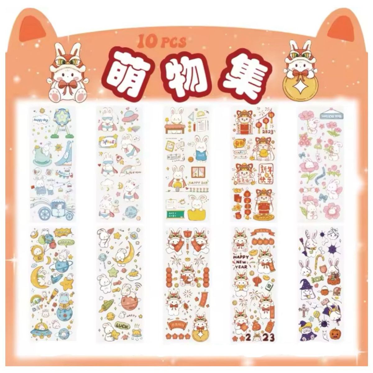 GENERICO - Pack x 10  láminas de Stickers Conejos Kawai Modelo 2