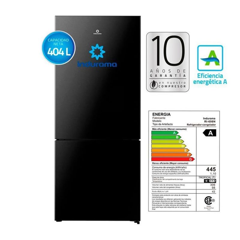 INDURAMA - Refrigeradora indurama Bottom Freezer 404L Negra RI-698N