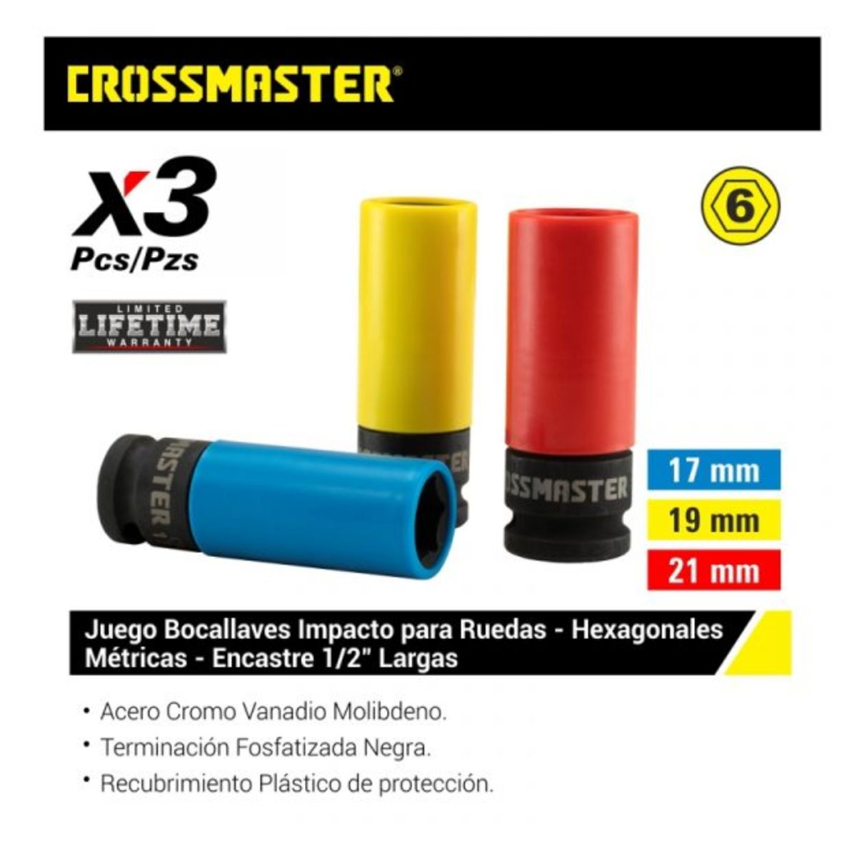 GENERICO - Jgo 03 Dados Impacto Enc. Hex 1/2" (17,19,21mm) Crossmaster