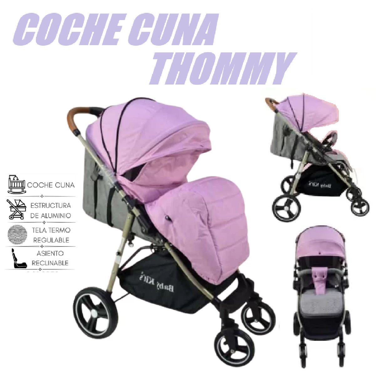 BABY KITS - Coche Cuna Thommy Mango Reversible - Rosa