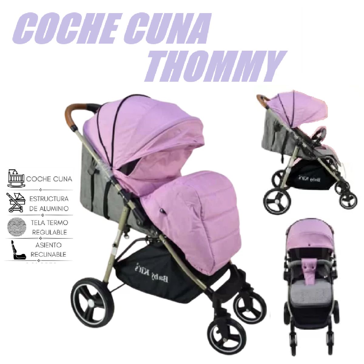 BABY KITS - Coche Cuna Thommy Mango Reversible - Rosa