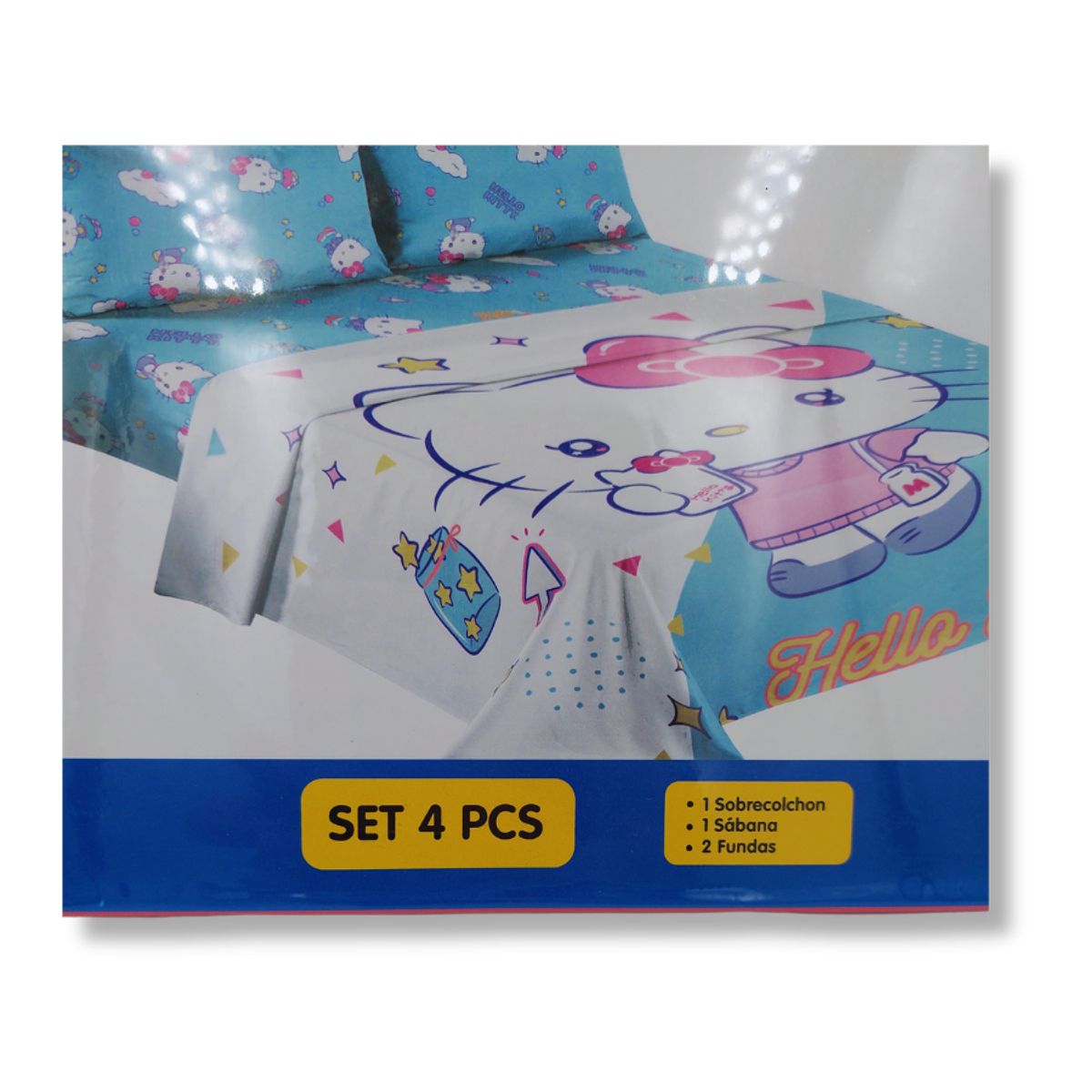 GENERICO - Set de Sabanas de 4 Piezas Cama 1 Plaza y Media Color Blanco con Diseño