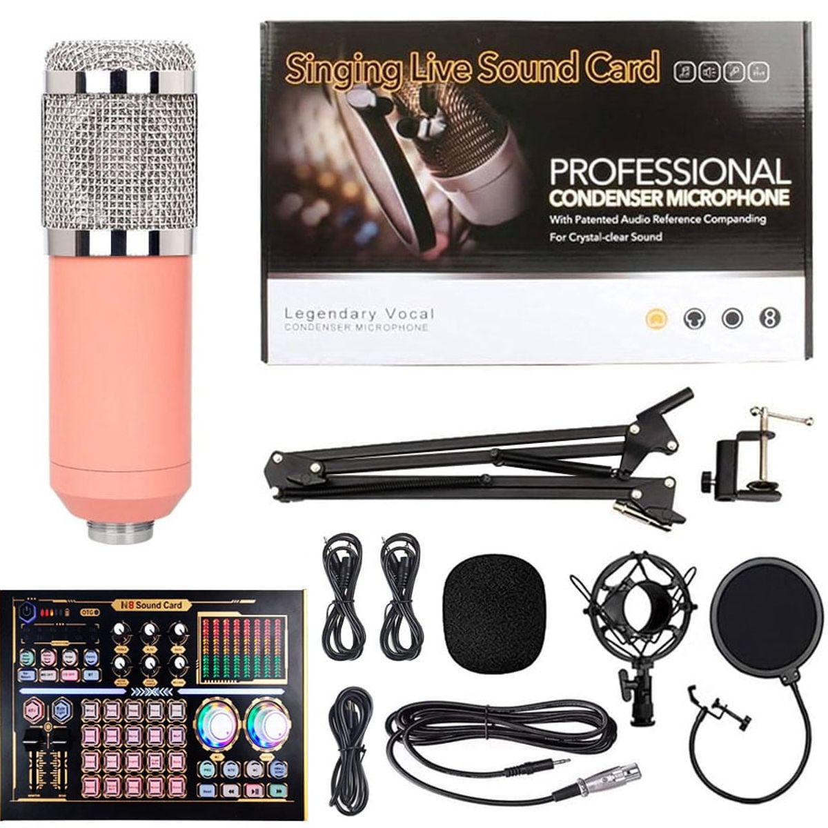 OEM - Kit Micrófono BM 800 Rosado más interfaz de audio N8 con Phantom Power