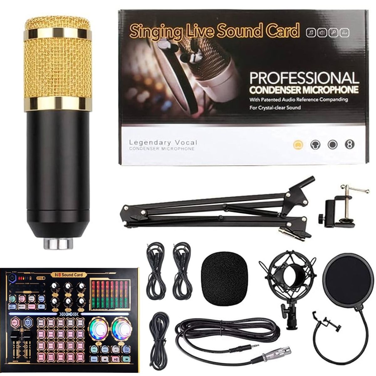 OEM - Kit Micrófono BM 800 Dorado más interfaz de audio N8 con Phantom Power