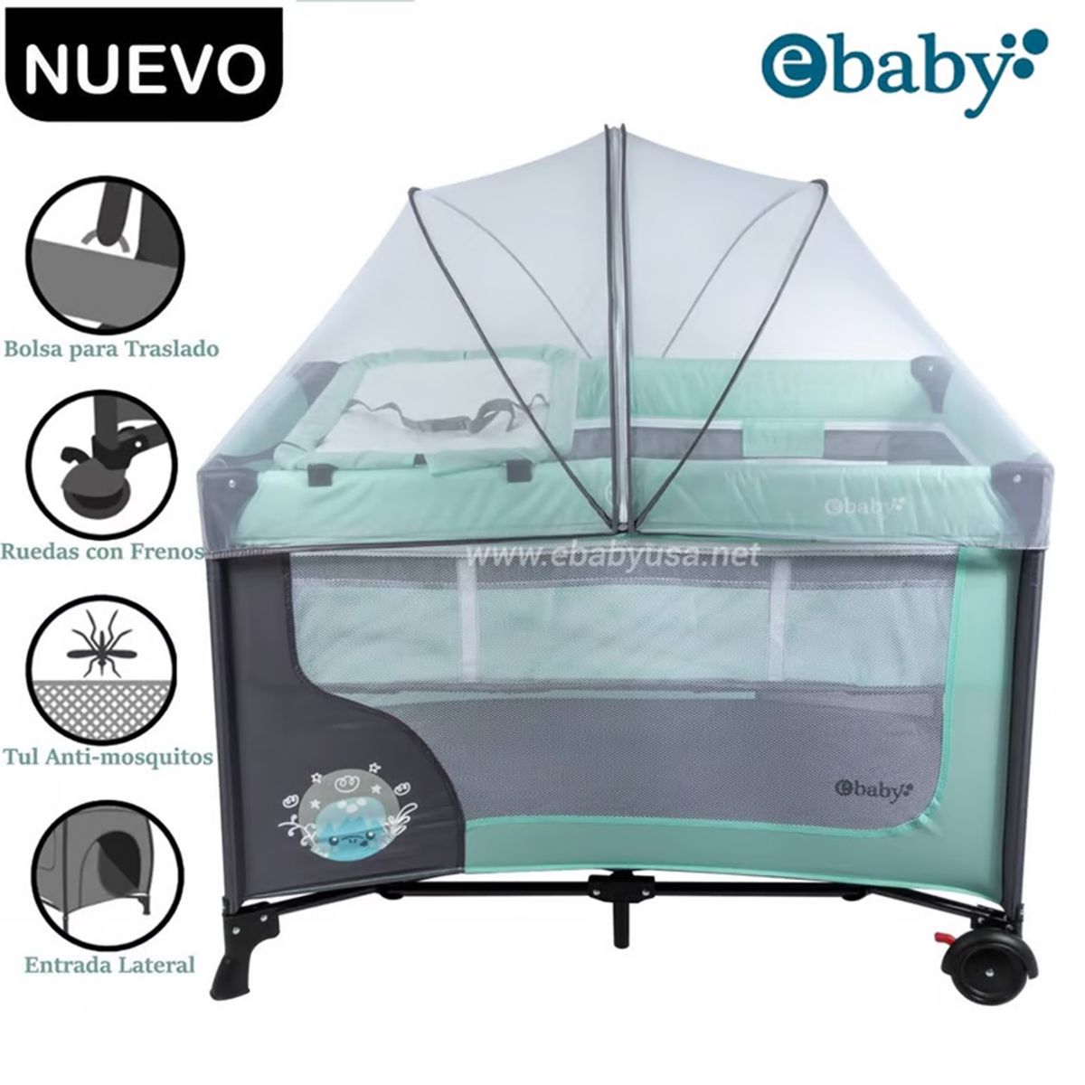 EBABY - Cuna Corral Ebaby con Cambiador Happy Dream Verde727-2