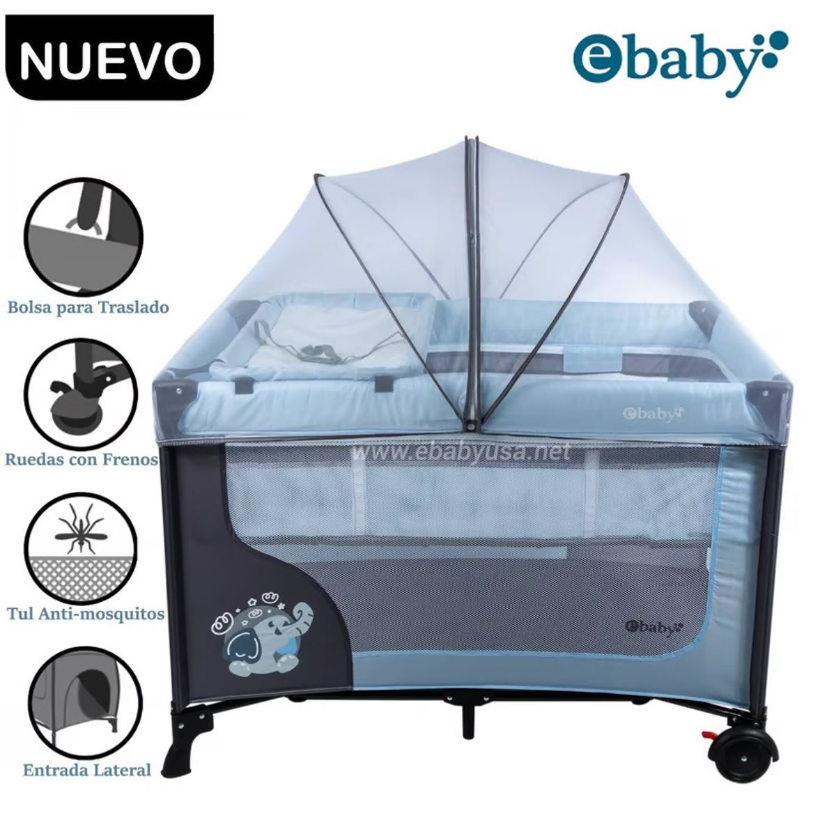 EBABY - Cuna Corral Ebaby con Cambiador Happy Dream Celeste 727-2