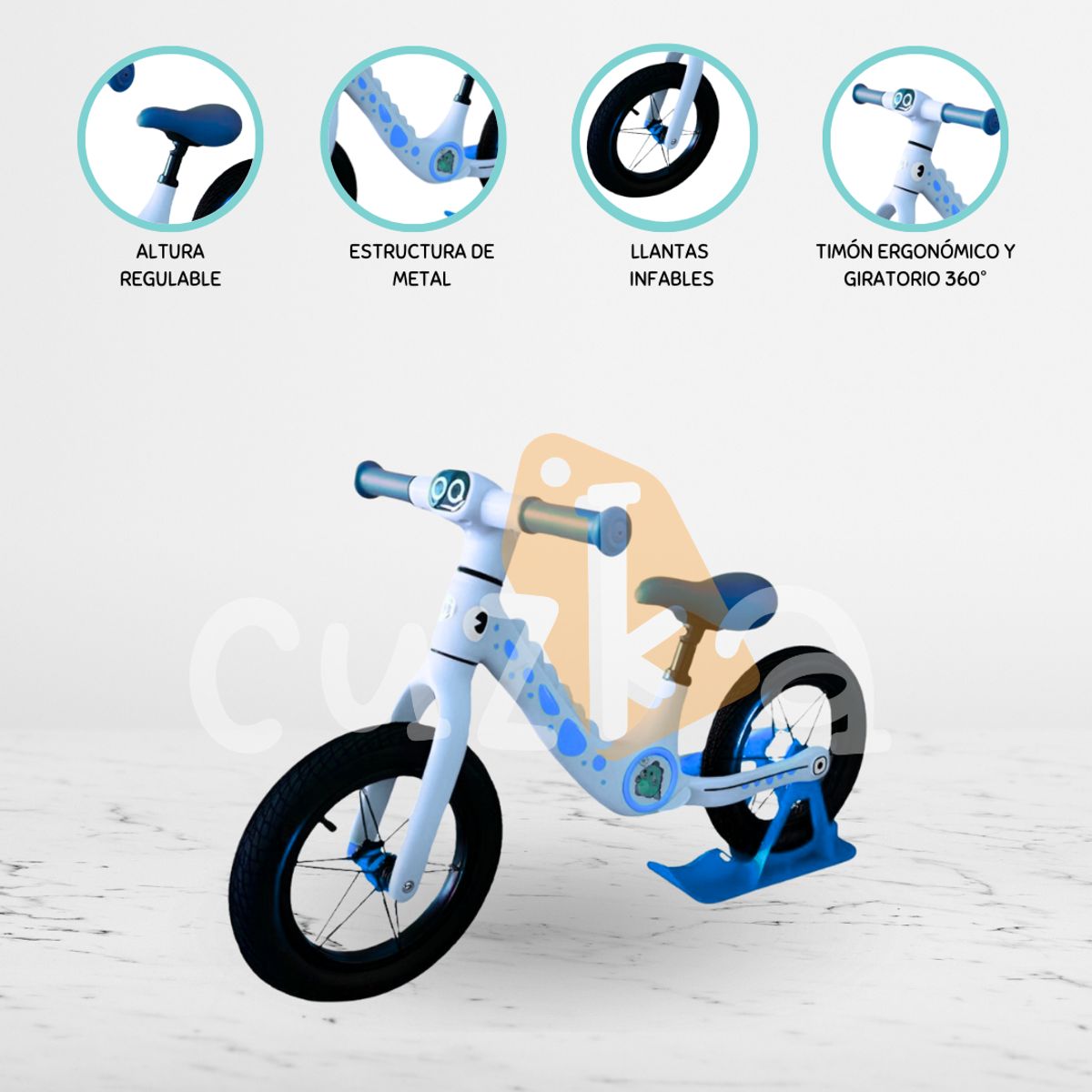 CUZKA - Bicicleta de Equilibrio »DINOSAURIO» Exclusive LIGHT BLUE