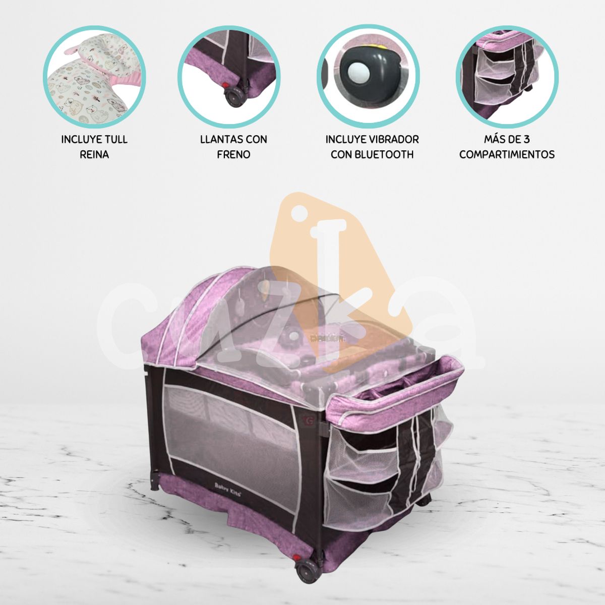 BABY KITS - Cuna Corral Mecedora «VERONA QUEEN» Pink