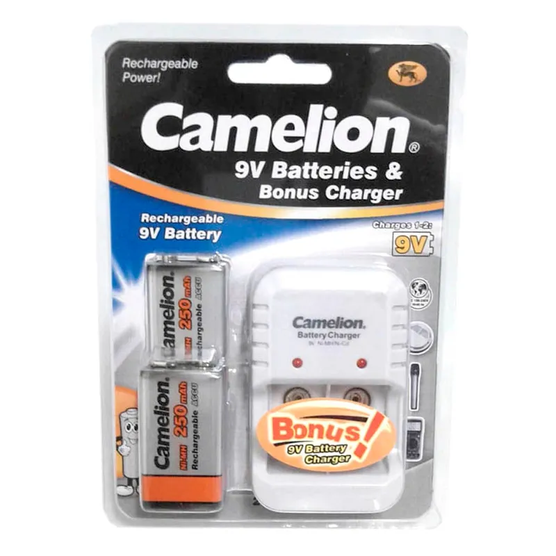 CAMELION - Cargador camelion con 2 Baterias 9v recargables para Tens, micros