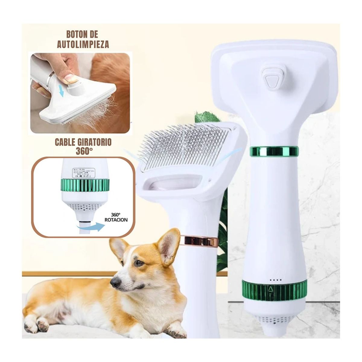 OEM - Cepillo Secador de Pelo de Mascotas con Botón Quita Pelos