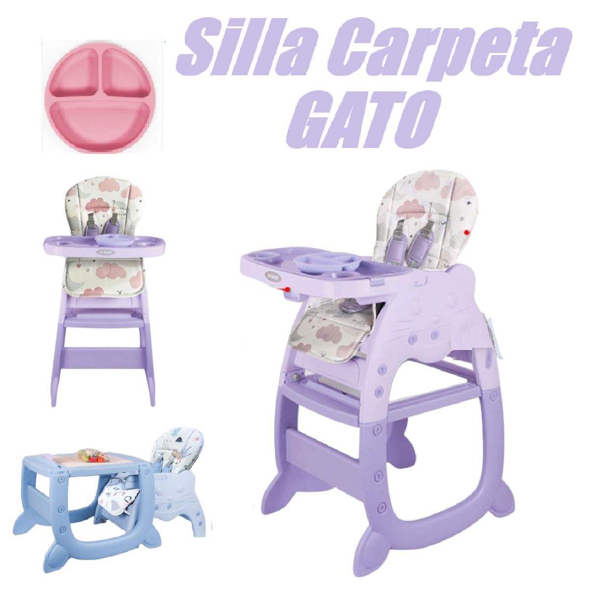 GENERICO - Silla Carpeta 3 en 1 Gato Doble Bandeja  - Morado