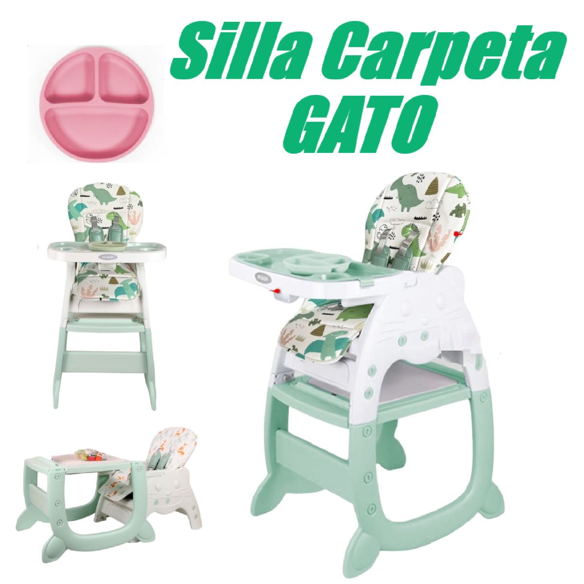 GENERICO - Silla Carpeta 3 en 1 Gato Doble Bandeja  - Verde