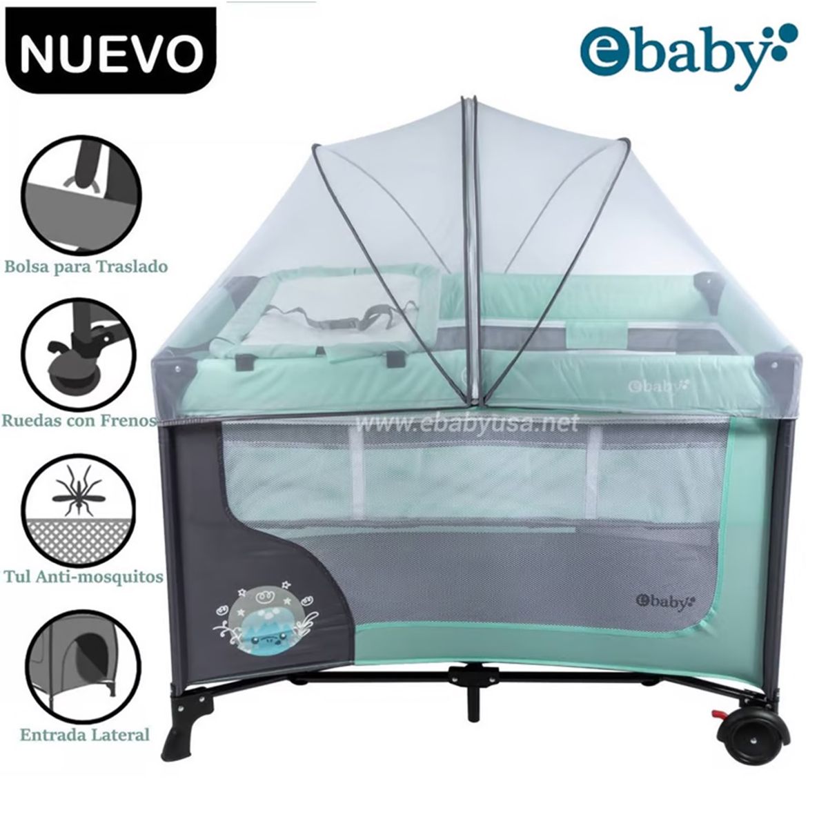 EBABY - Cuna Corral Ebaby con Cambiador Happy Dream Verde 727-2
