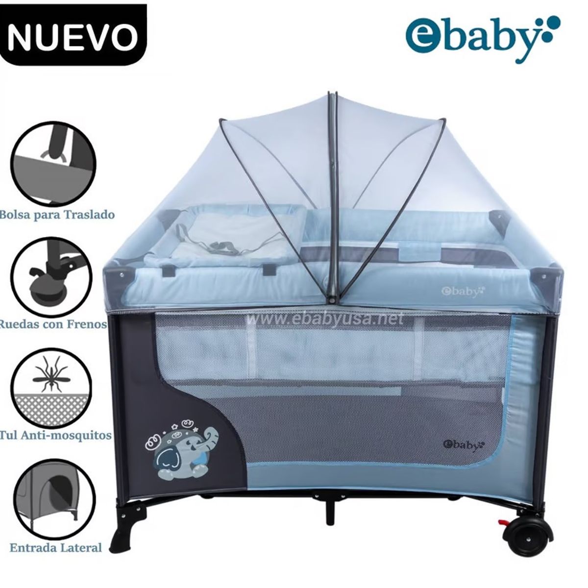 EBABY - Cuna Corral Ebaby con Cambiador Happy Dream Celeste 727-2